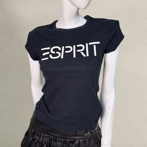Vintage Esprit Logo Baby Tee | Y2K Fitted Black T-Shirt | Made in USA
